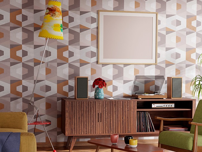 Pair midcentury furniture with coordinating wallpaper.